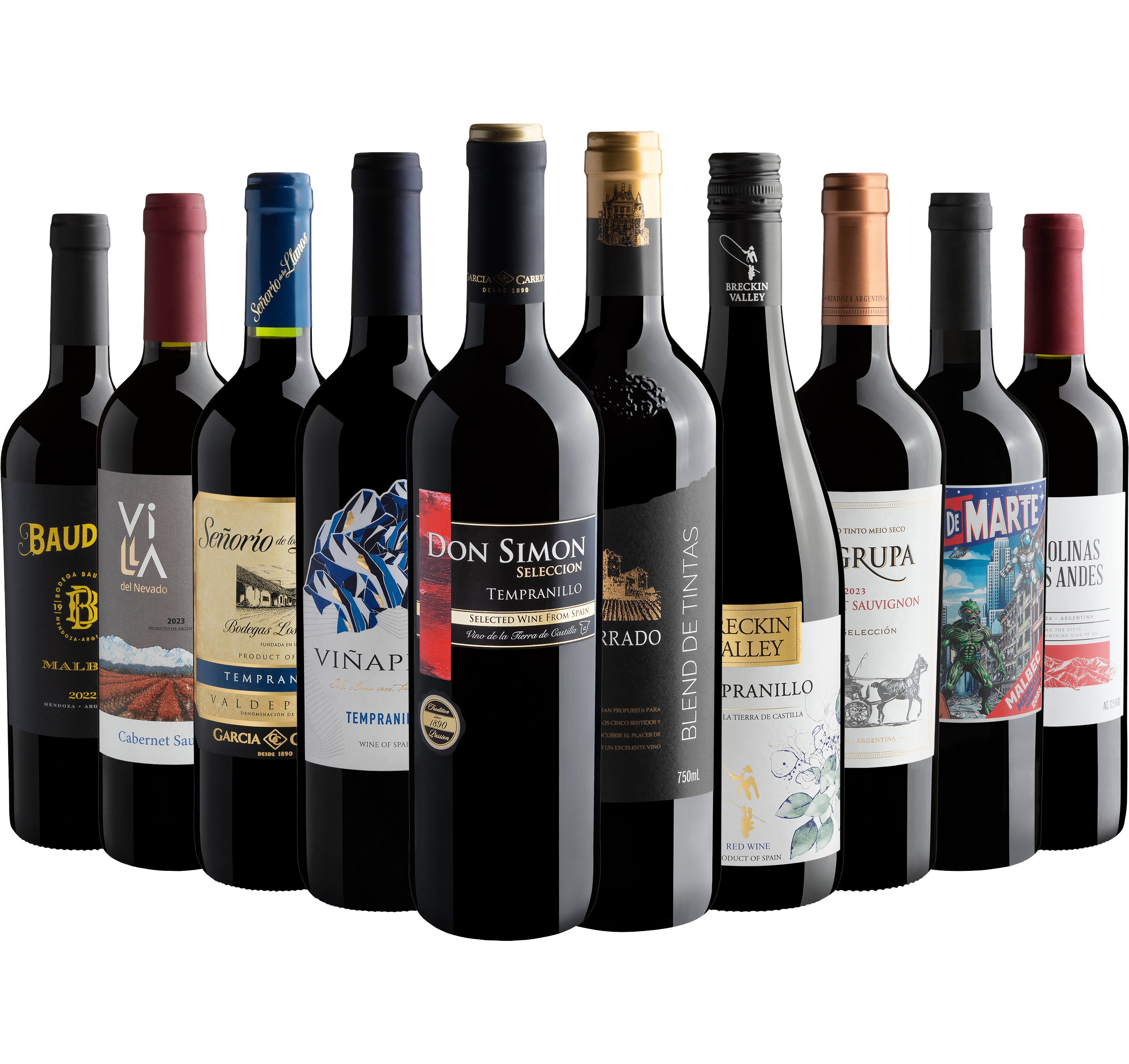 Kit 5 Vinhos Espanhóis + 5 Vinhos Argentinos por R$27,90 cada garrafa