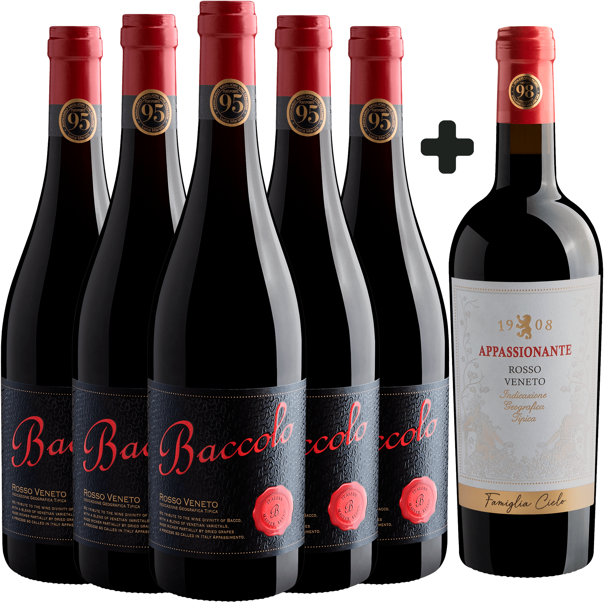 Kit Leve 5 Baccolo Appassimento por R$65,50 cada garrafa e Ganhe 1 Famiglia Cielo 1908 Appassionante Grátis