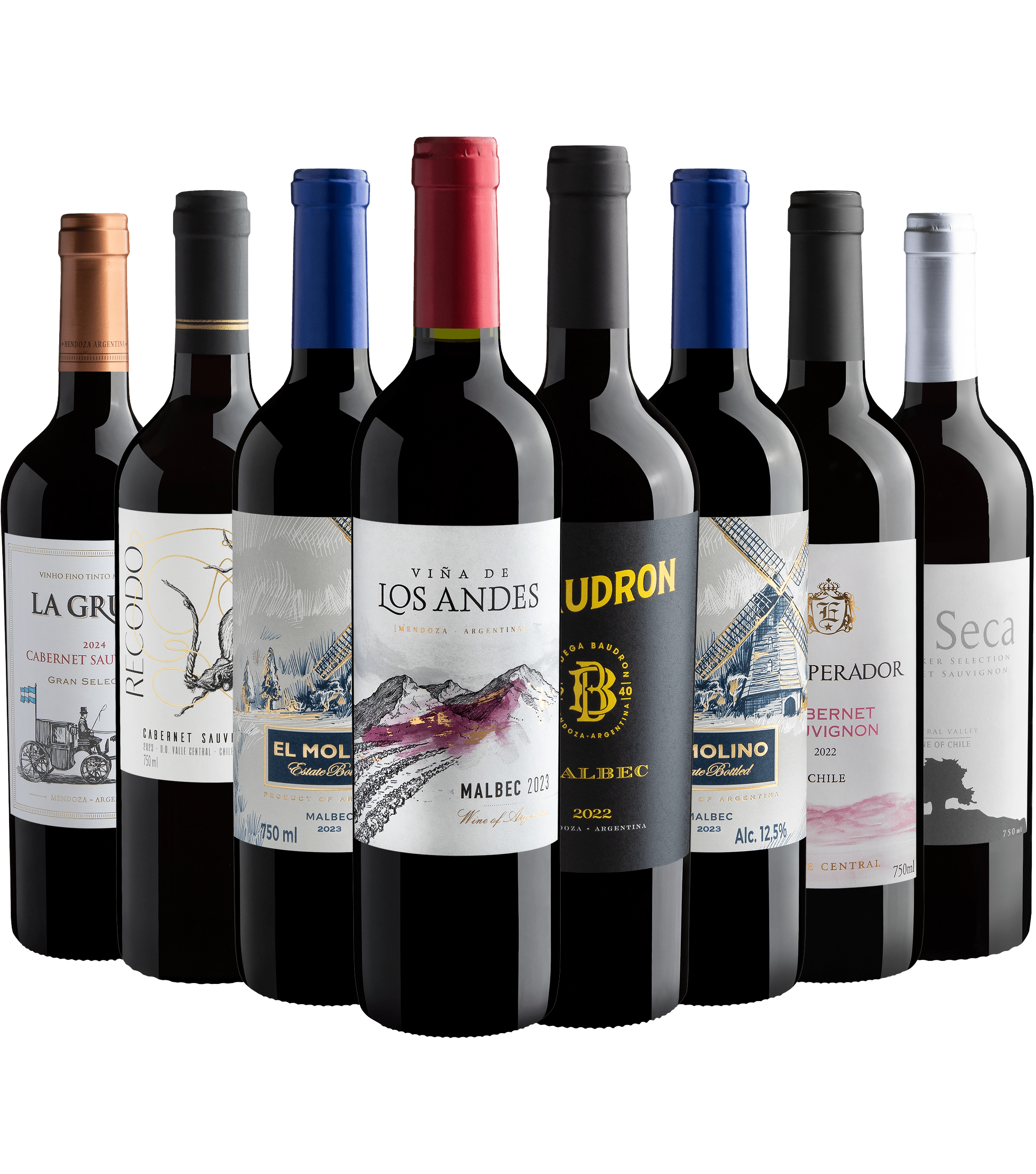 Kit 4 Malbecs + 4 Cabernets Sauvignons por R$28,90 cada garrafa