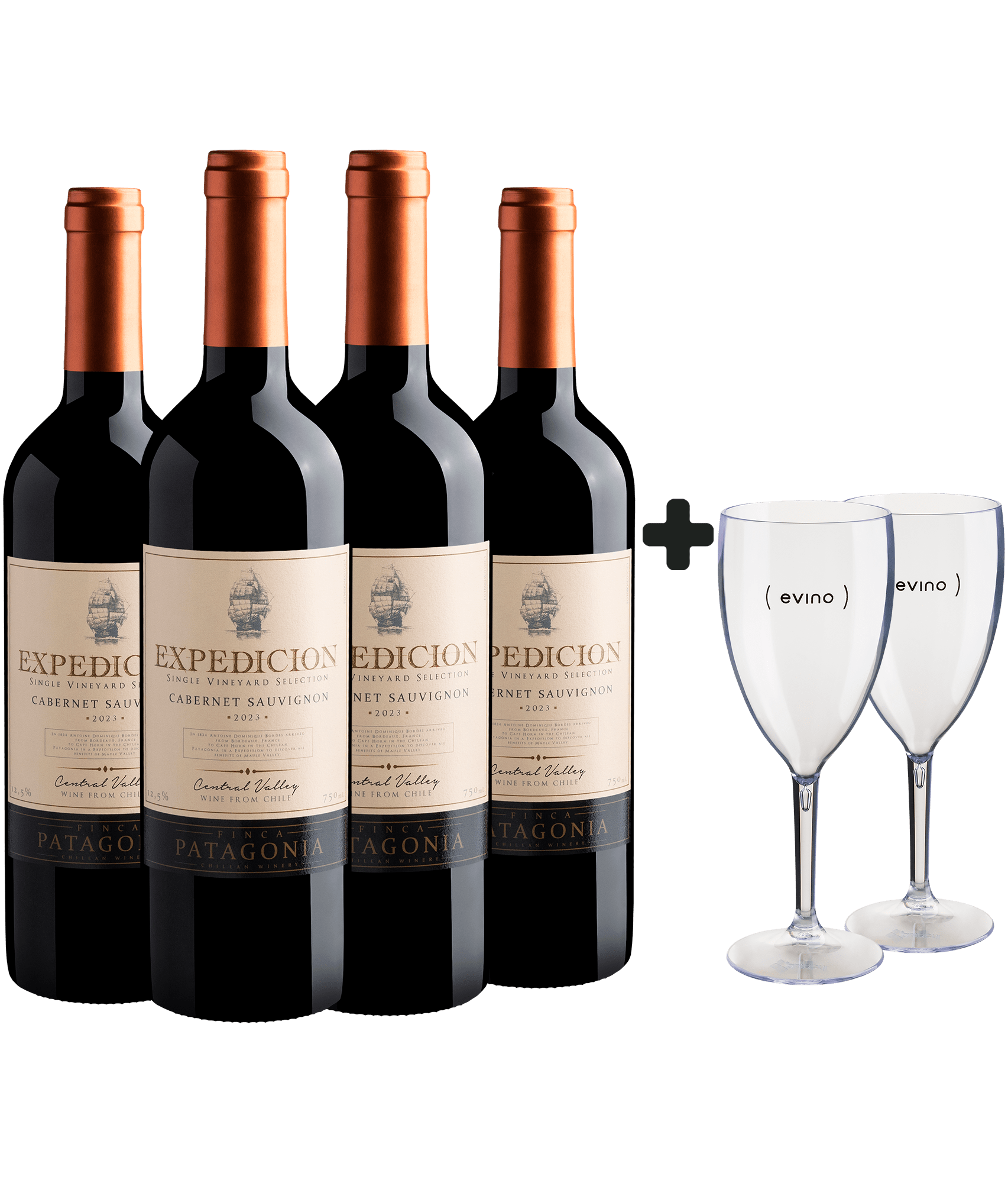 Kit 4 Expedicion Single Vineyard Selection Cabernet Sauvignon Central Valley D.O. + 2 Taças