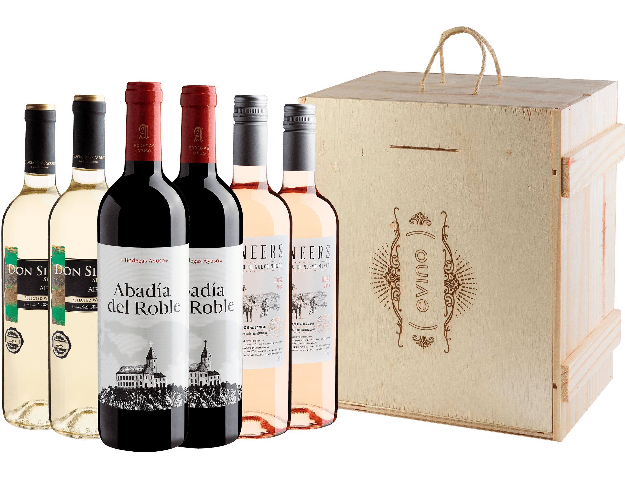 Kit Vale Tudo | 2 Tintos + 2 Brancos + 2 Rosés na Caixa de Madeira