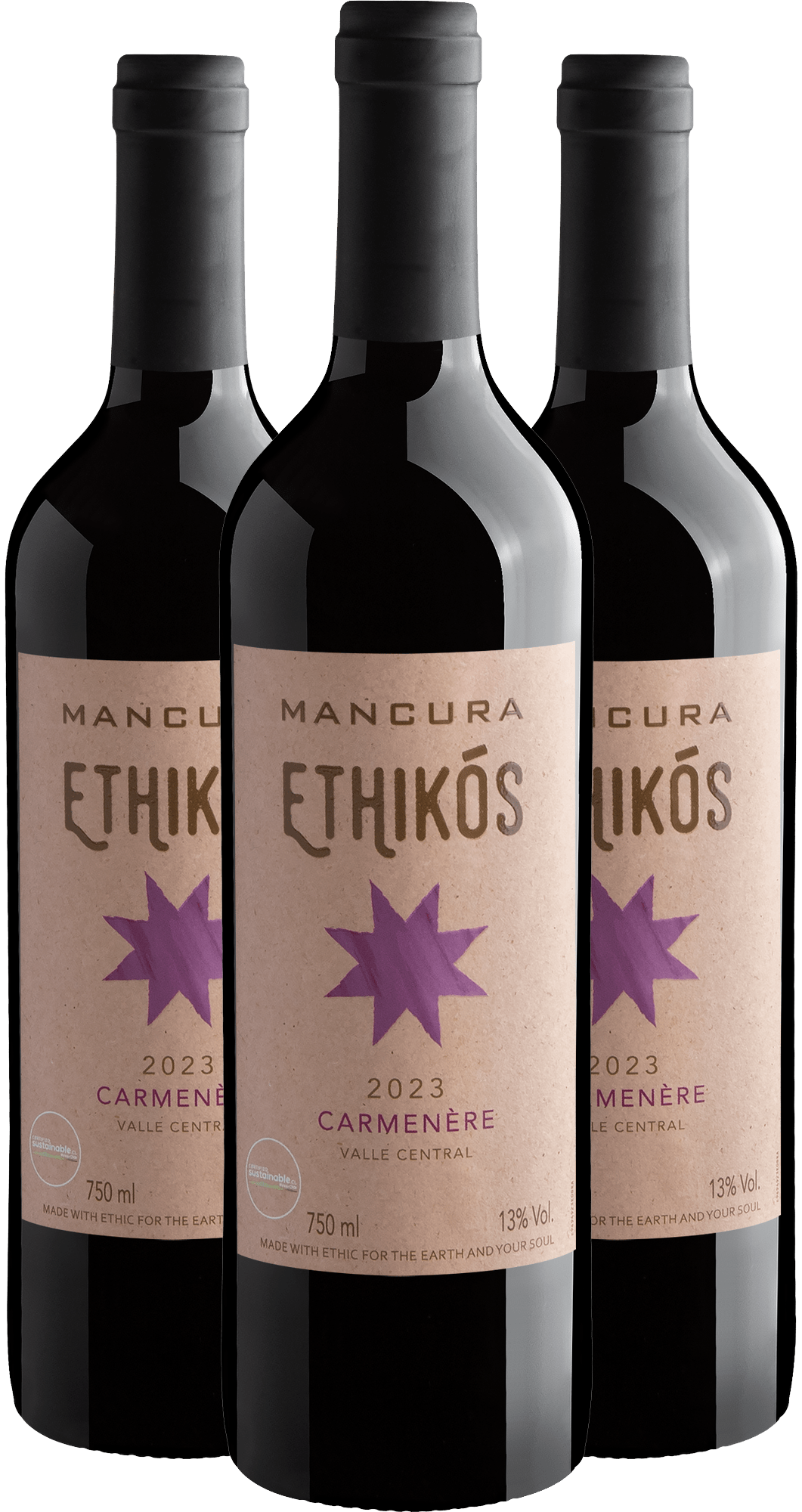 Kit 3 Mancura Ethikós Carménère por R$39,90 cada garrafa