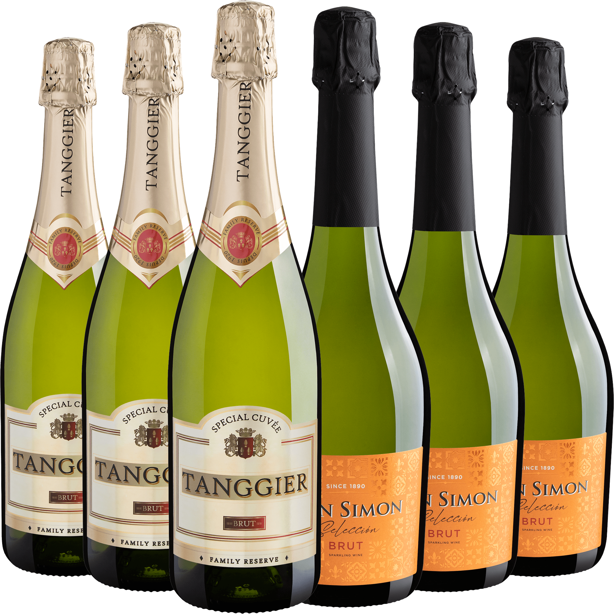 Kit Espumantes Brancos | 3 Tanggier Brut + 3 Don Simon Selección Brut por R$34,90 cada garrafa