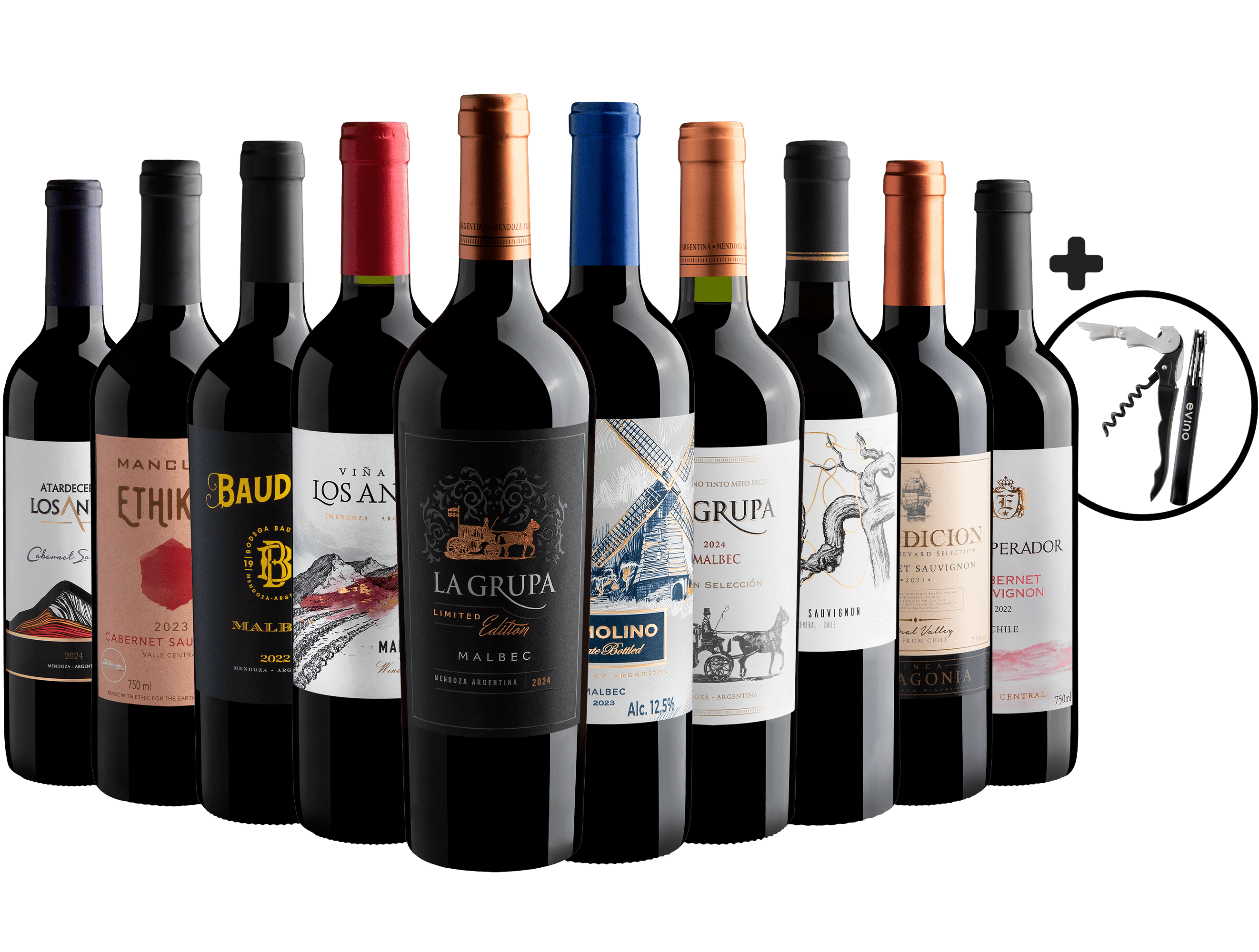Kit 5 Malbecs + 5 Cabernets Sauvignons por R$ 29,90 cada garrafa + 1 Saca-Rolhas Grátis    