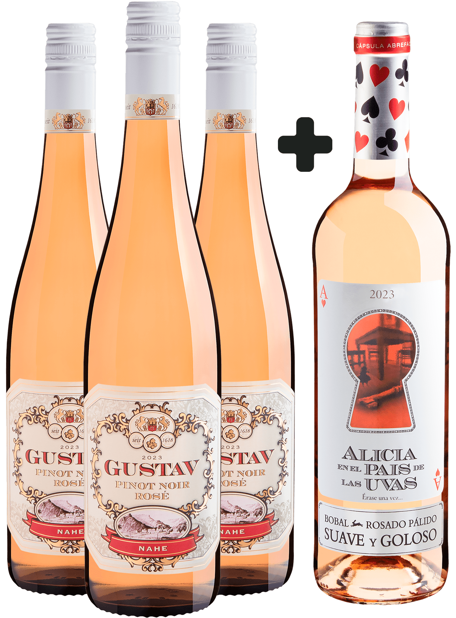 Kit Leve 3 Gustav Pinot Noir Rosé Nahe por R$64,90 cada garrafa e Ganhe 1 Alicia en el Pais de Las Uvas 