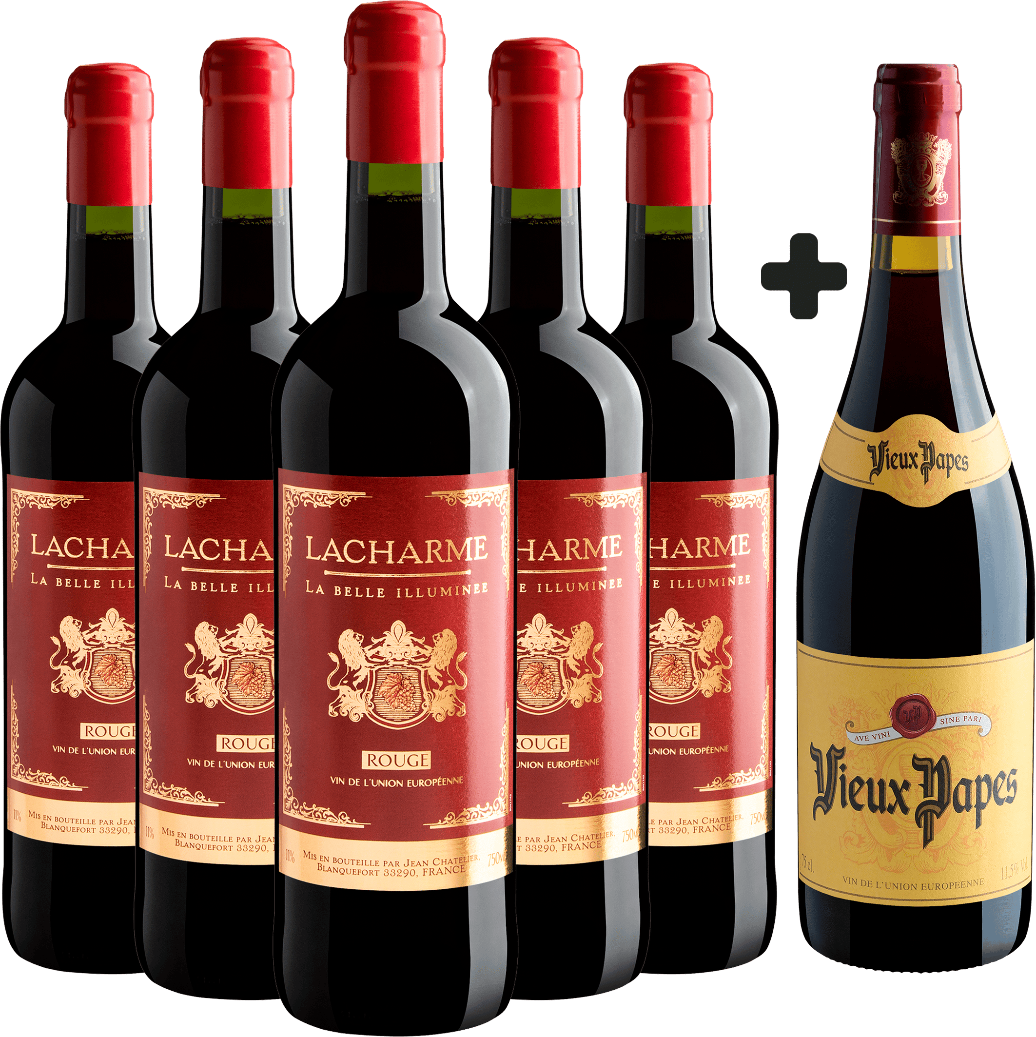 Kit Leve 5 Lacharme por R$35,90 cada garrafa e Ganhe 1 Vieux Papes Rouge 