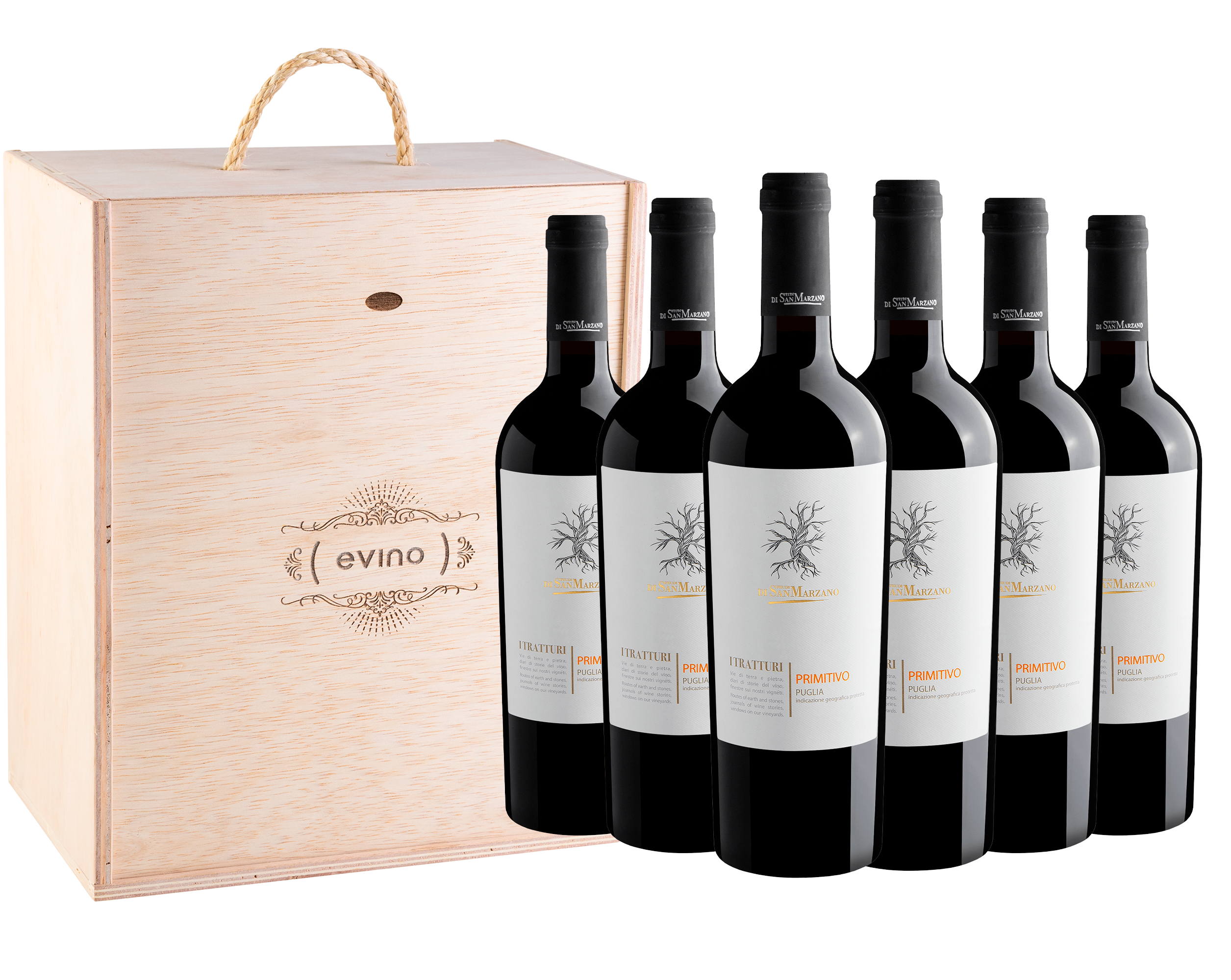 Kit 6 San Marzano I Tratturi Primitivo Puglia IGP + Caixa de Madeira