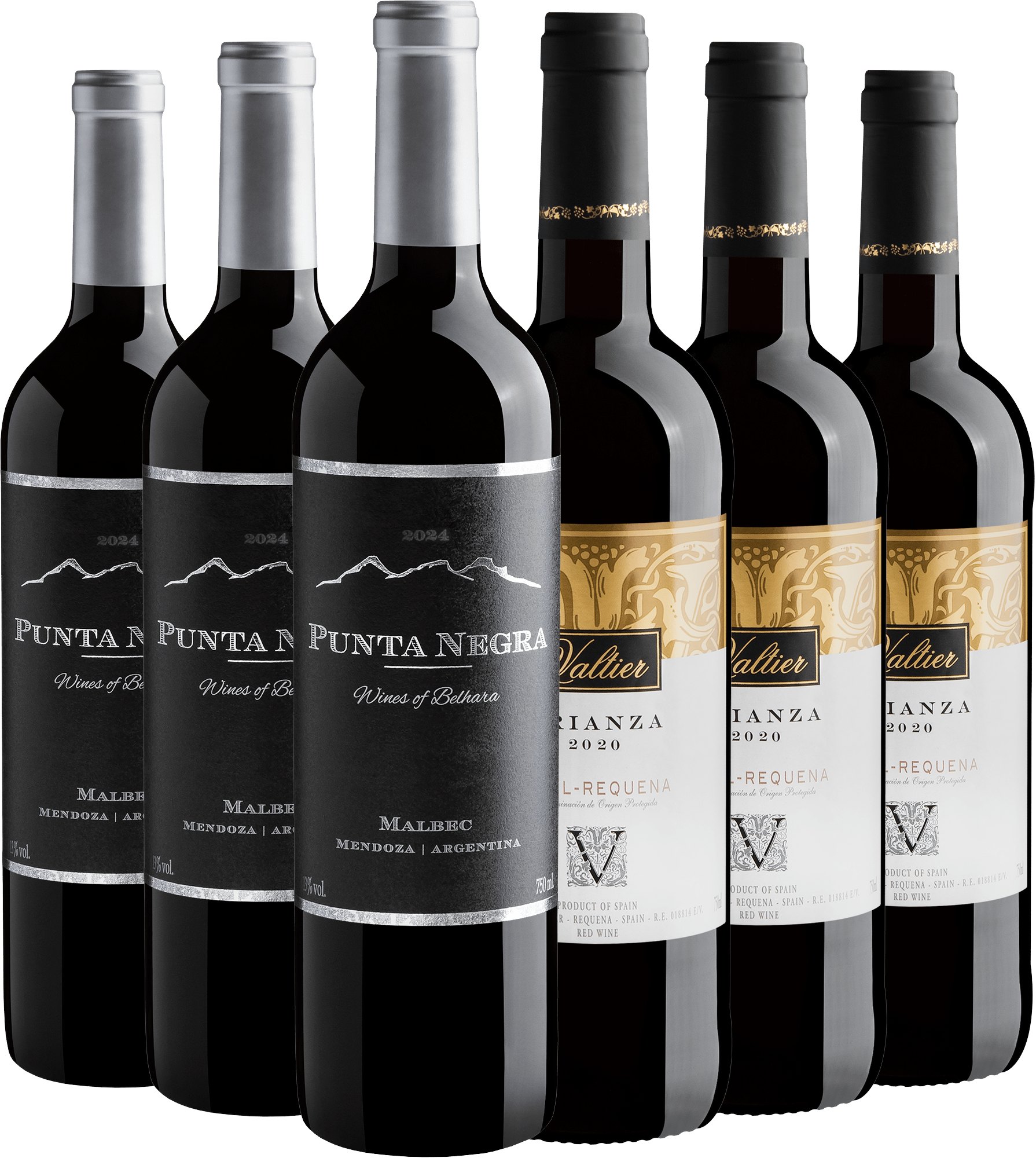Kit 3 Punta Negra + 3 Valtier Crianza Utiel-Requena DOP por R$38,30 cada garrafa
