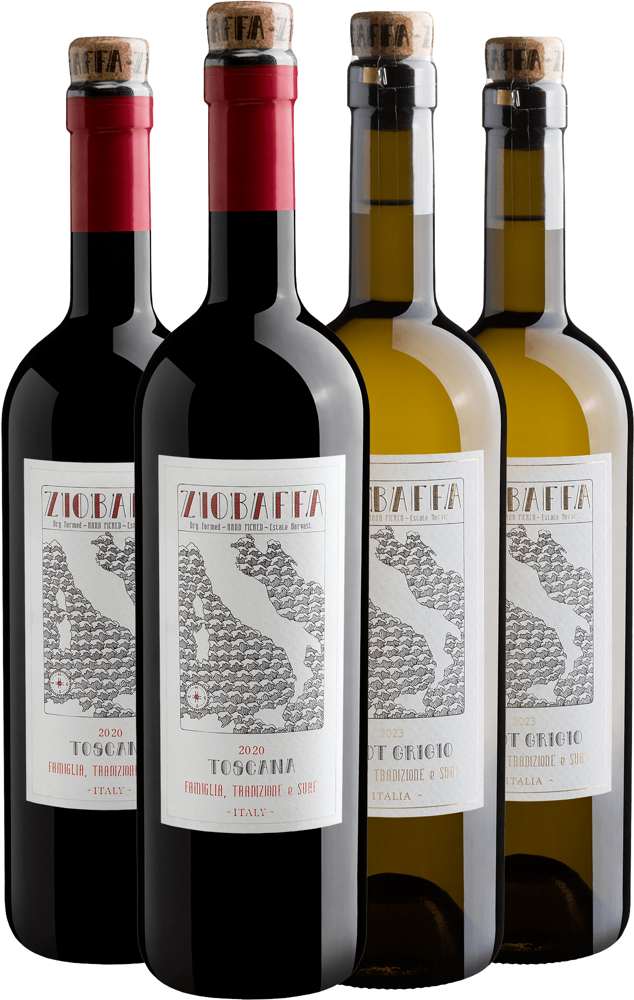 Kit ZioBaffa | 2 Toscana + 2 Pinot Grigio por R$64,90 cada garrafa