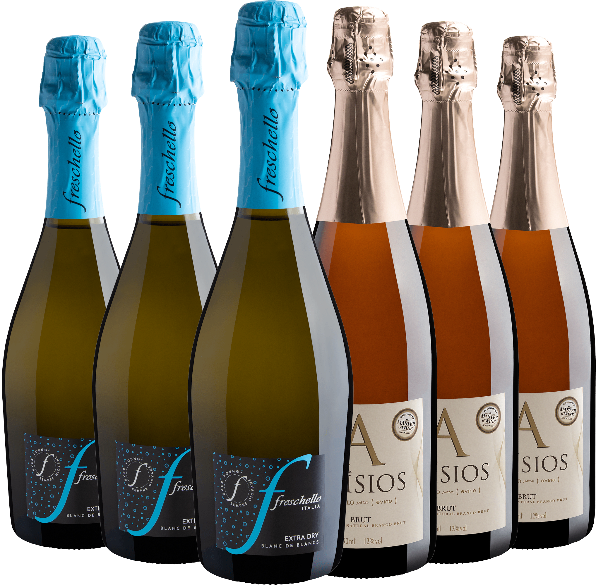 Kit Espumantes Brut | 3 Alísios + 3 Freschello por R$49,90 cada garrafa  