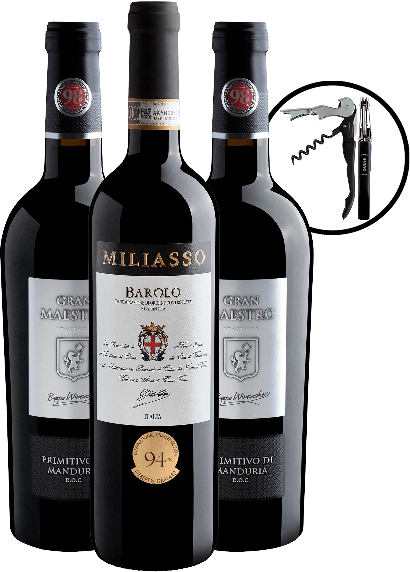 Kit 1 Miliasso Barolo + 2 Gran Maestro Primitivo di Manduria DOC por R$149,90 cada garrafa + Saca-Rolhas Grátis 