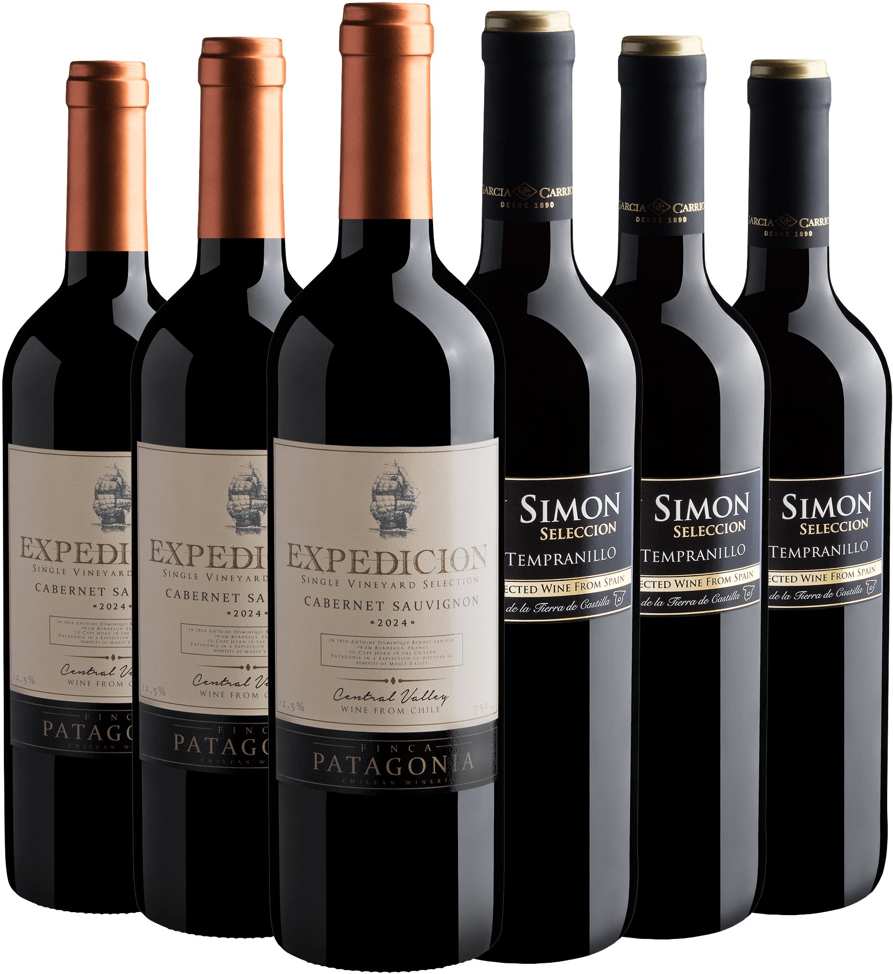 Kit 3 Expedicion Cabernet Sauvignon + 3 Don Simon Tempranillo por R$25,90 cada garrafa