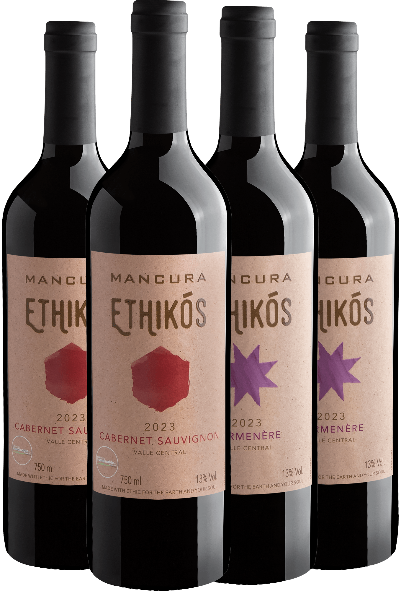 Kit Mancura Ethikós | 2 Cabernet Sauvignon + 2 Carménère por R$34,90 cada garrafa