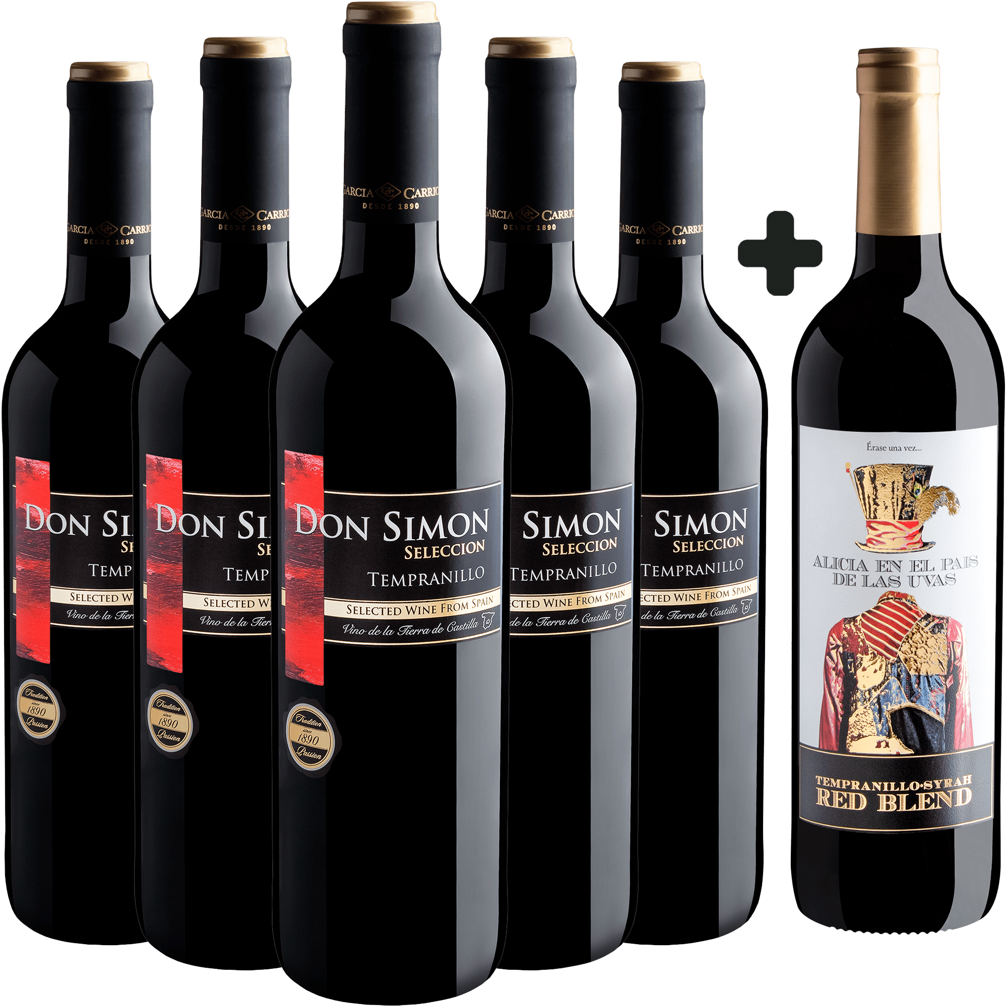 Kit 5 Don Simon Tempranillo por R$34,90 cada garrafa + 1 Alicia en el Pais de Las Uvas Red Blend Grátis 