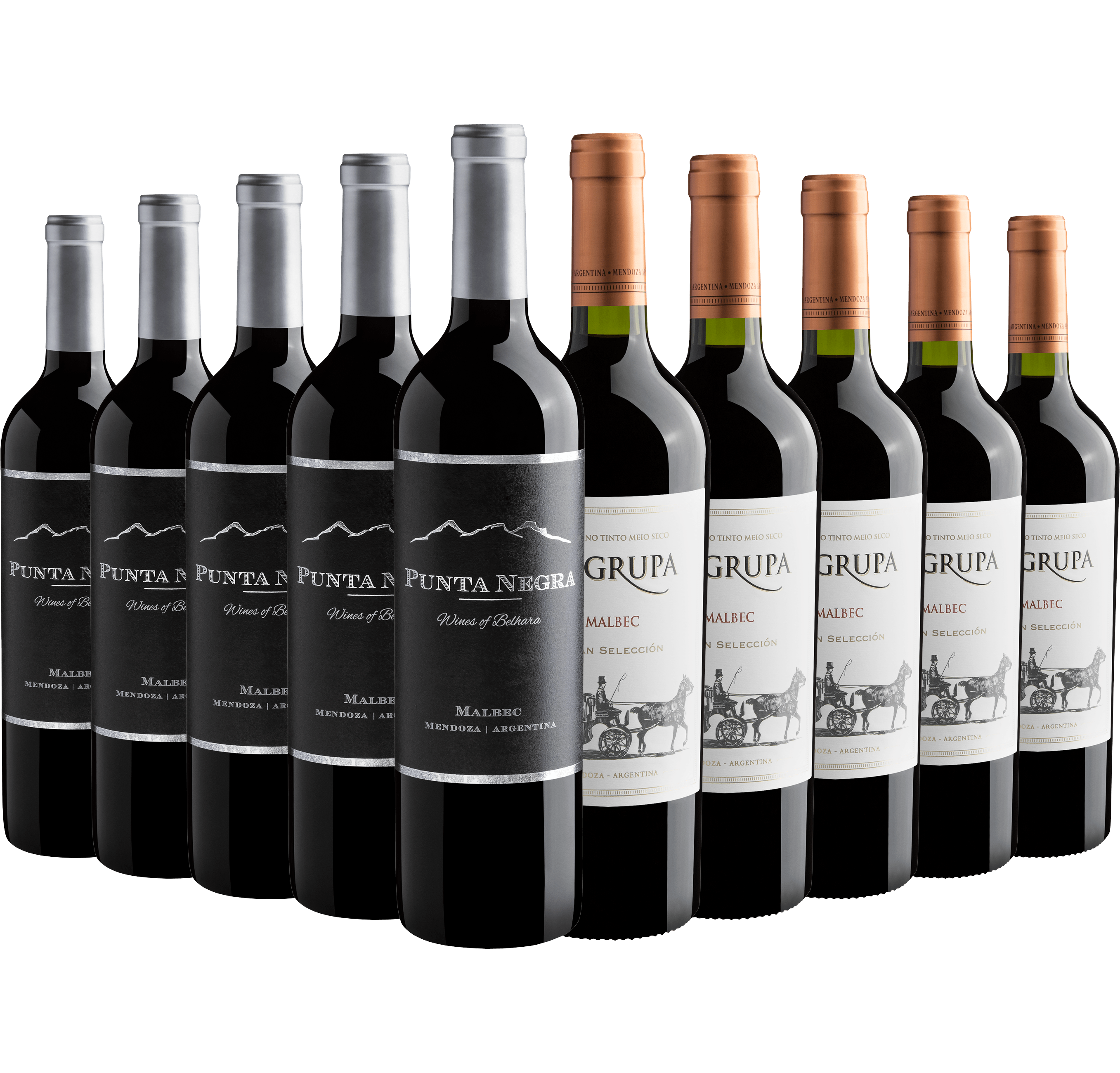 Kit Malbec | 5 Punta Negra + 5 La Grupa por R$29,90 cada garrafa
