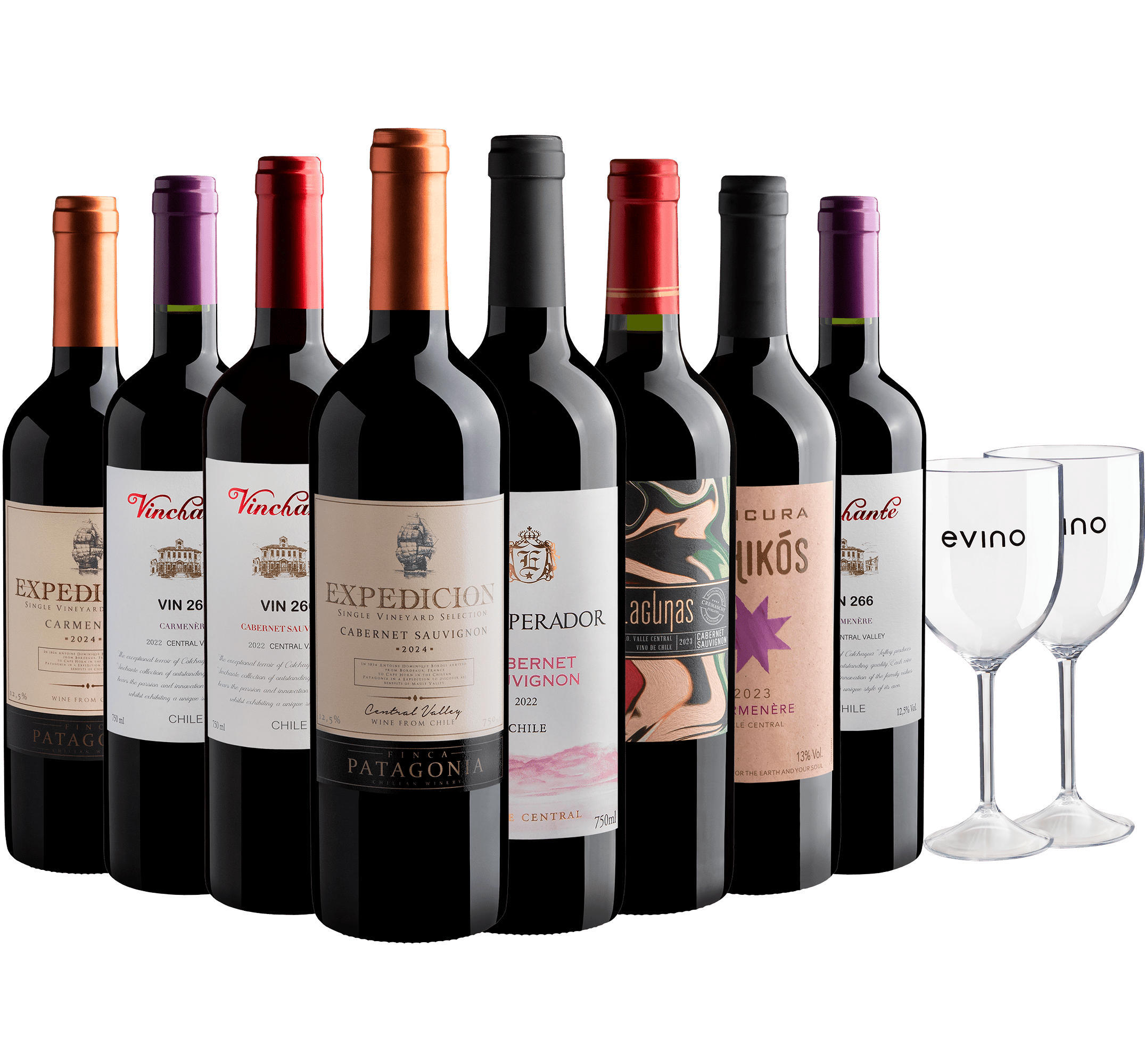 Kit 4 Cabernets Sauvignons + 4 Carménères por R$27,90 cada garrafa + 2 Taças Grátis