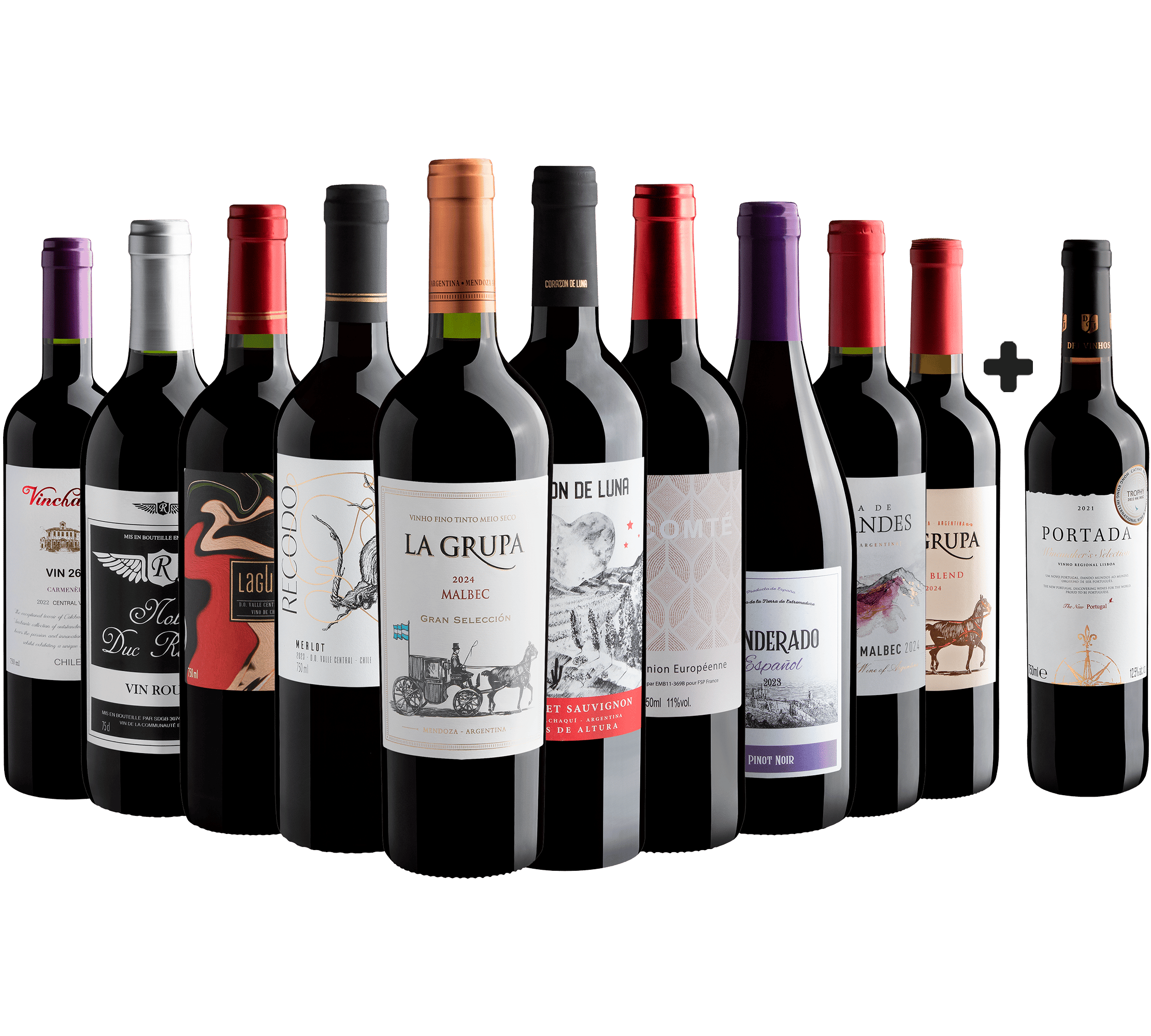 Kit 10 Tintos por R$29,90 cada garrafa + 1 Portada Winemaker's Selection Grátis