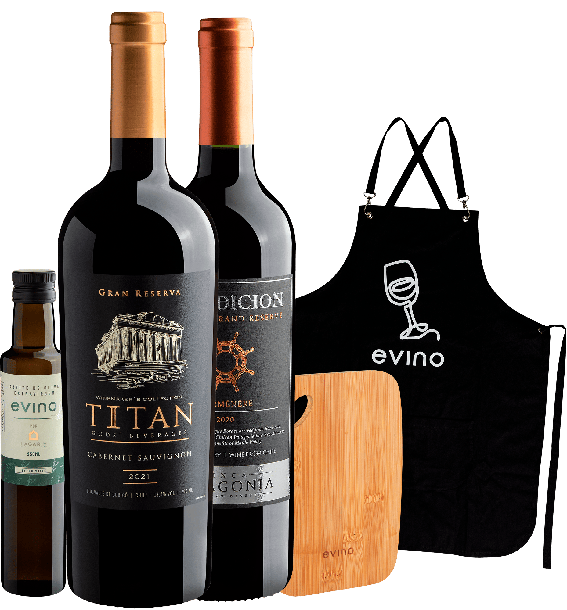 Kit Harmonização | 2 Vinhos Reserva + Azeite + Tábua para Frios + Avental Exclusivo