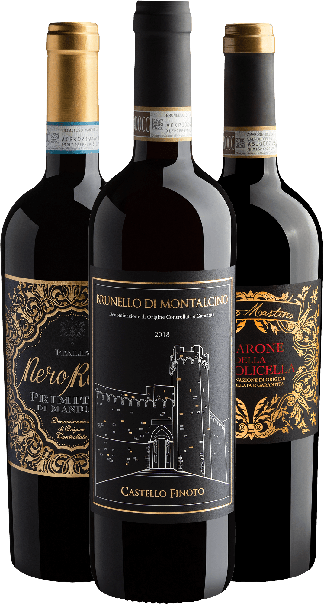 Kit Brunello di Montalcino + Amarone della Valpolicella + Primitivo di Manduria por R$219,90 cada garrafa