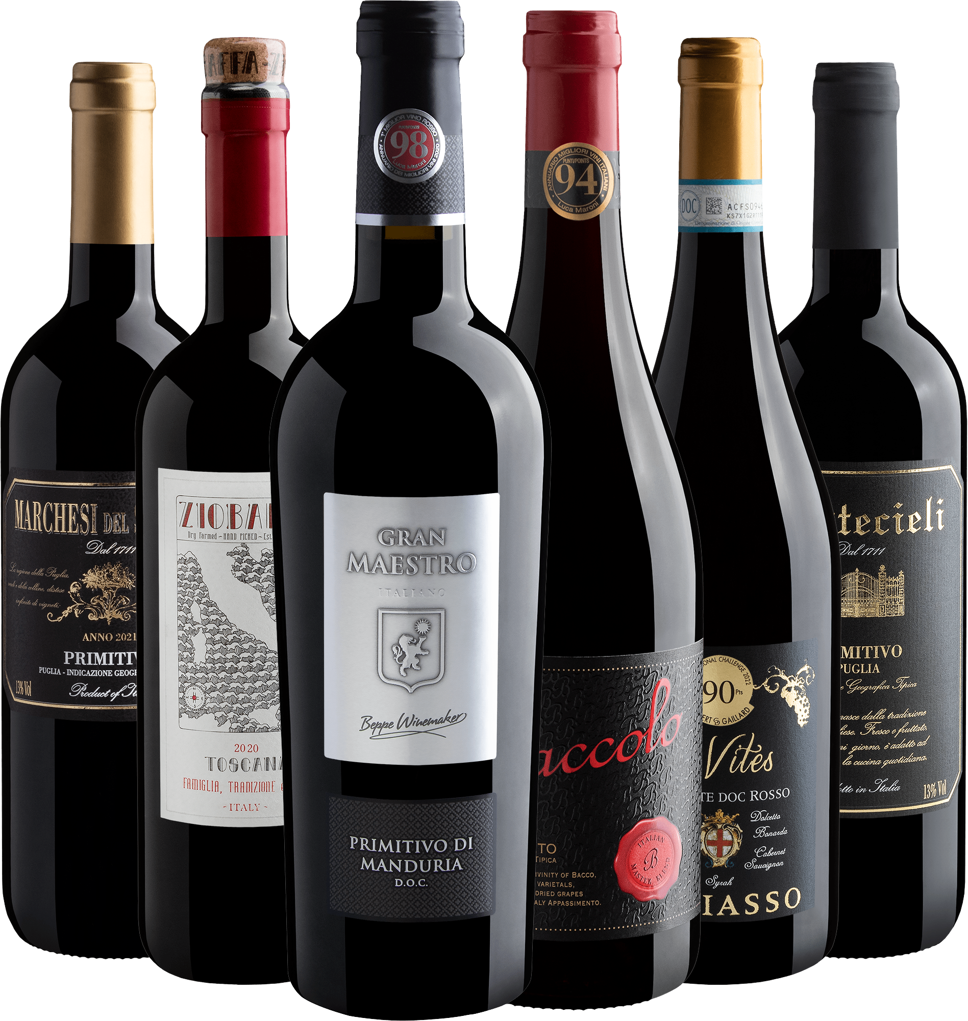 Kit 6 Italianos 94+ Pontos com Primitivo di Manduria por R$69,90 cada garrafa