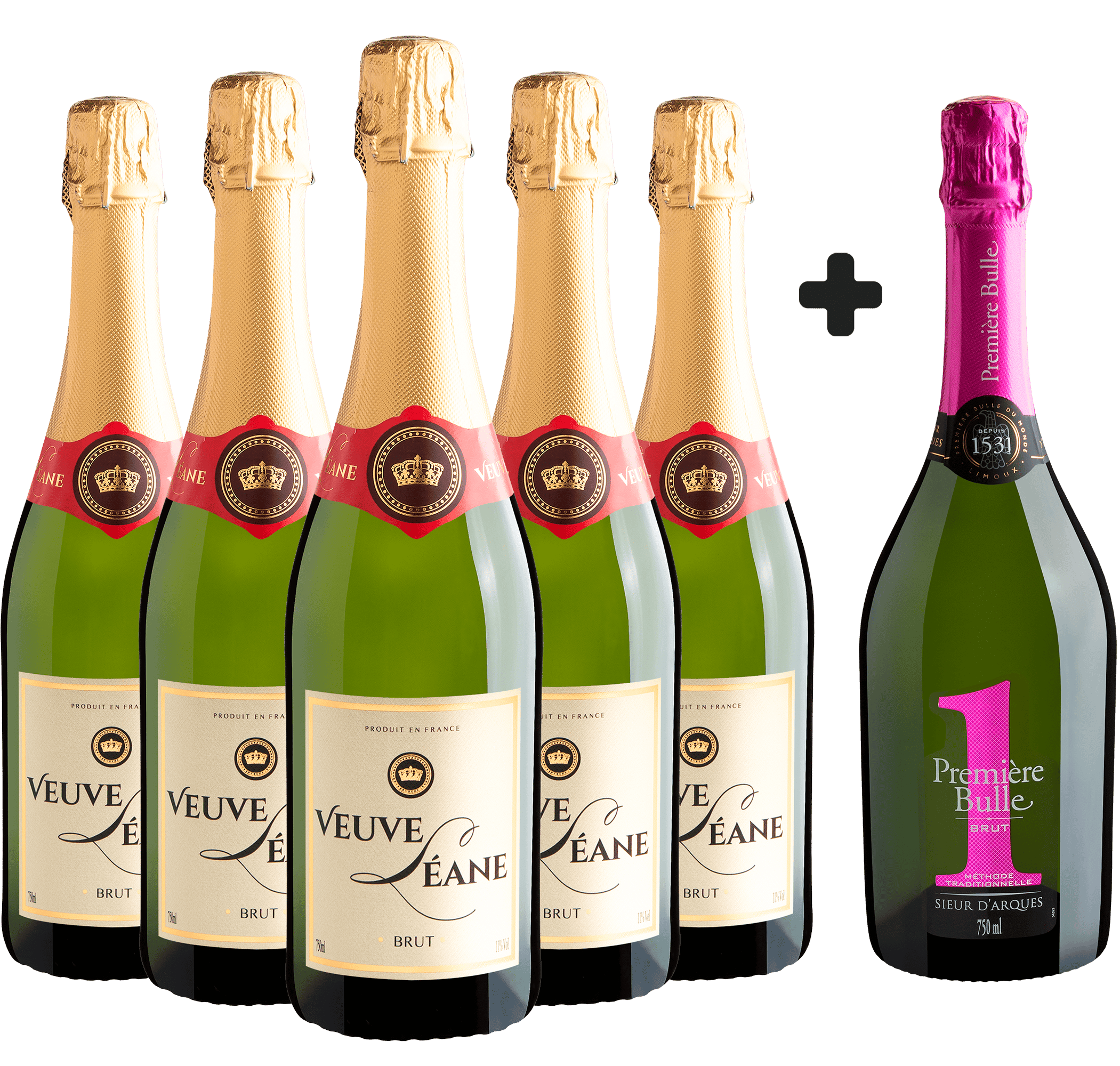 Kit 5 Veuve Léane por R$76,90 cada garrafa + GANHE 1 Première Bulle Blanquette de Limoux AOC