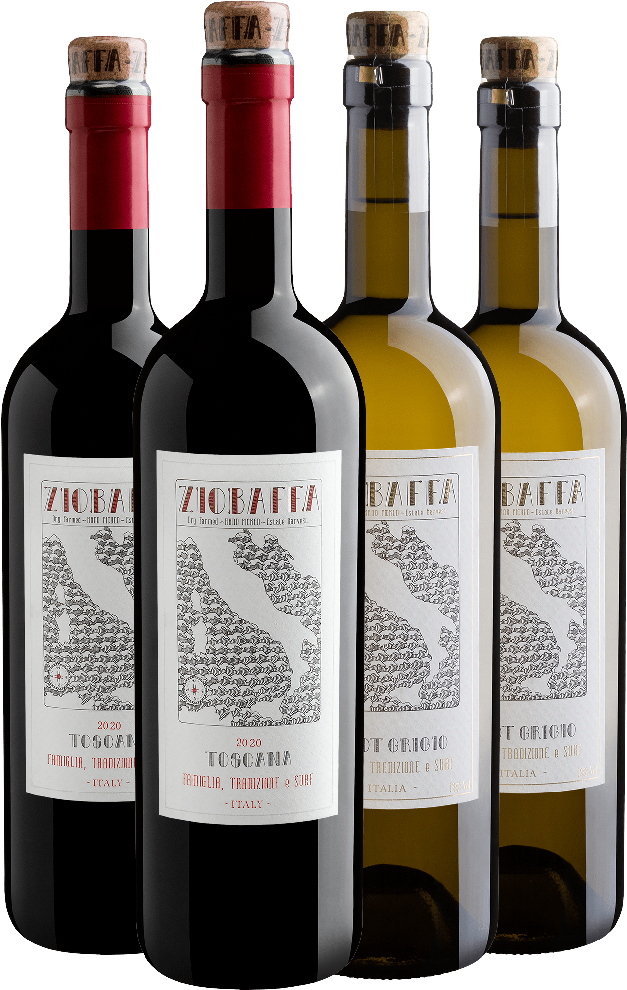 Kit 4 Ziobaffa por R$69,90 cada garrafa | Pinot Grigio Terre Siciliane IGT  + Toscana IGT