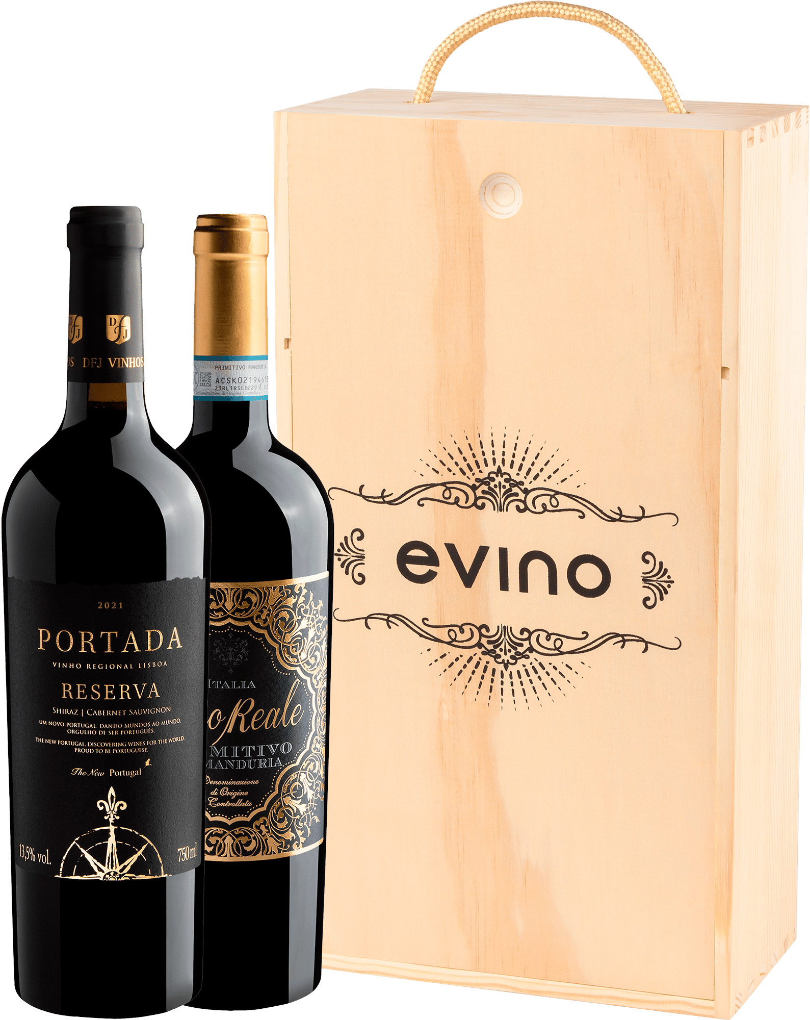 Kit Portada Reserva Black + Nero Reale Primitivo di Manduria + Caixa de Madeira