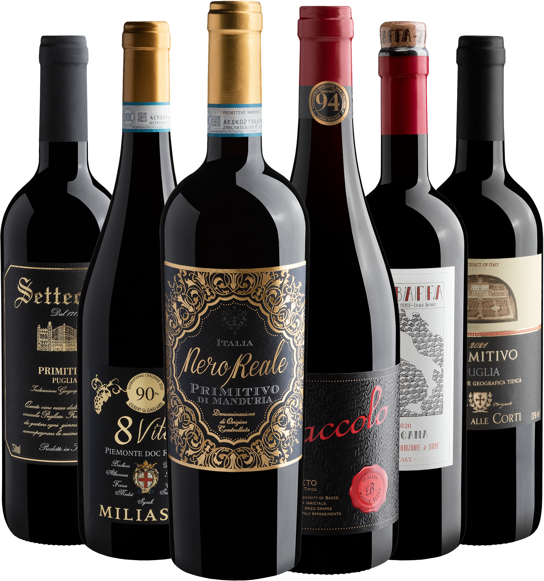 Kit 6 Italianos 94+ Pontos com Primitivo di Manduria por R$69,90 cada garrafa