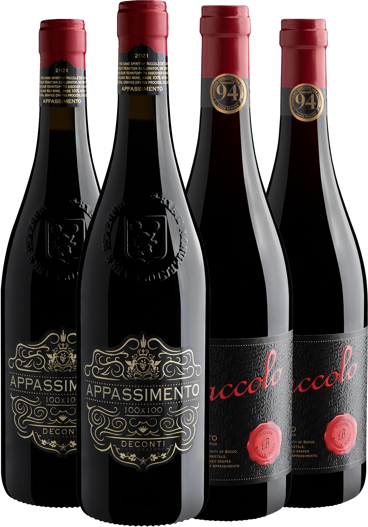 Kit Appassimento: 2 100x100 De’Conti + 2 Baccolo por R$79,90 cada garrafa