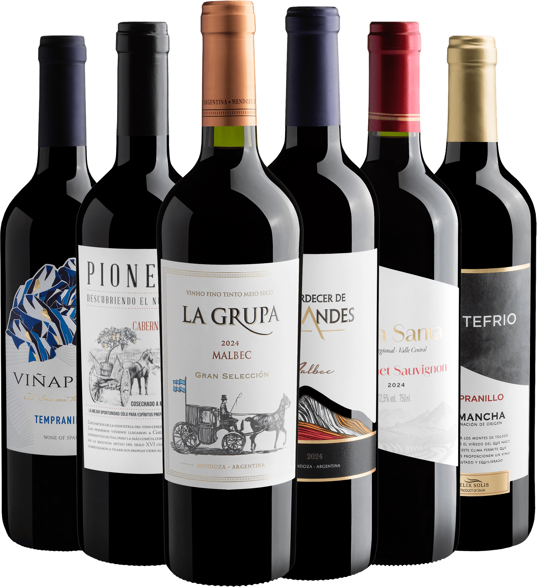 Kit 2 Malbecs + 2 Cabernets Sauvignons + 2 Tempranillos por R$27,90 cada garrafa