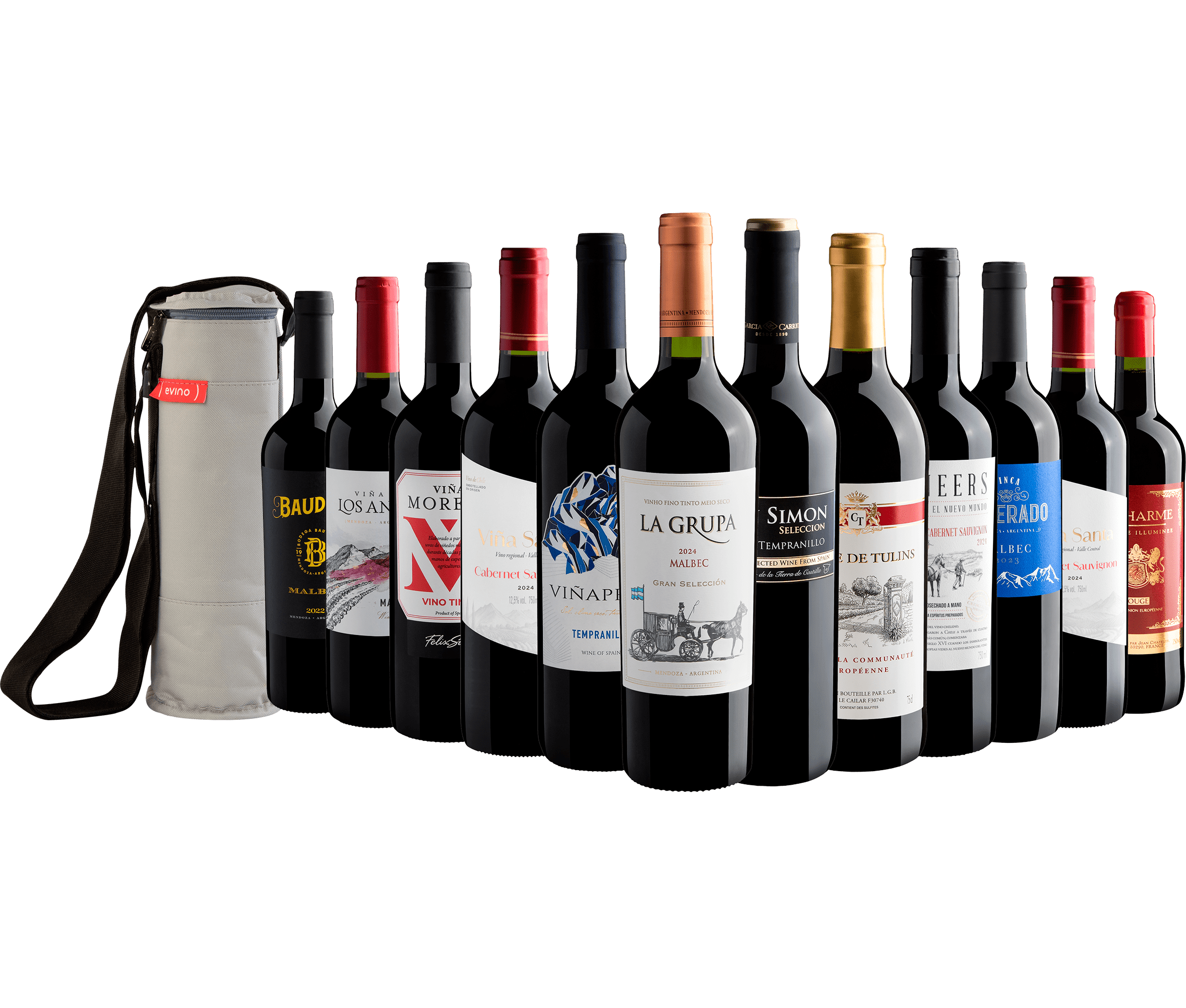 Kit 12 Vinhos Tintos Best Sellers por R$29,90 cada garrafa + Bolsa Térmica Grátis
