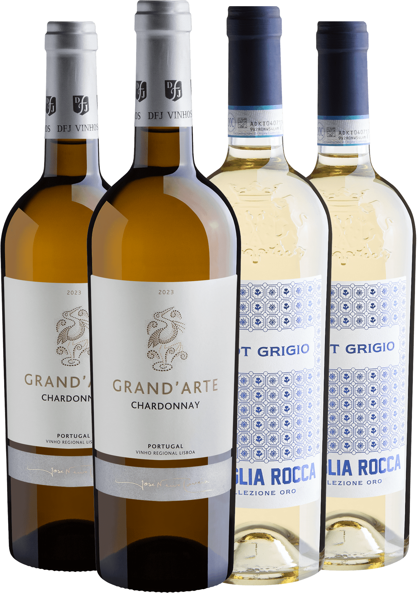 Kit Brancos Premiados | 2 Grand'Arte Chardonnay + 2 Famiglia Rocca Pinot Grigio por R$64,90 cada garrafa