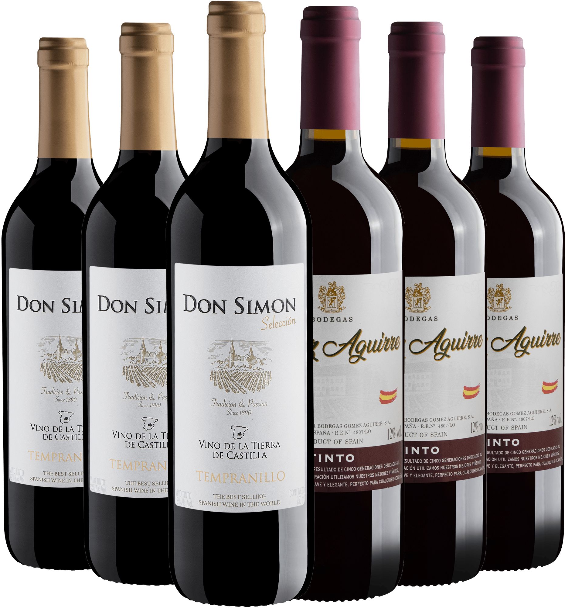 Kit Tempranillos Espanhóis | 3 Don Simon + 3 Gómez Aguirre por R$28,90 cada garrafa