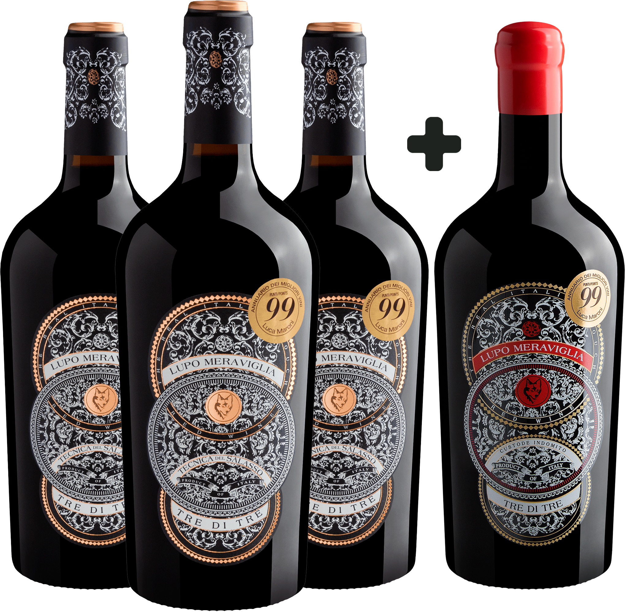 Kit Lupo Meraviglia Tre di Tre: 3 Rosso + 1 Limited Edition por R$119,90 cada garrafa
