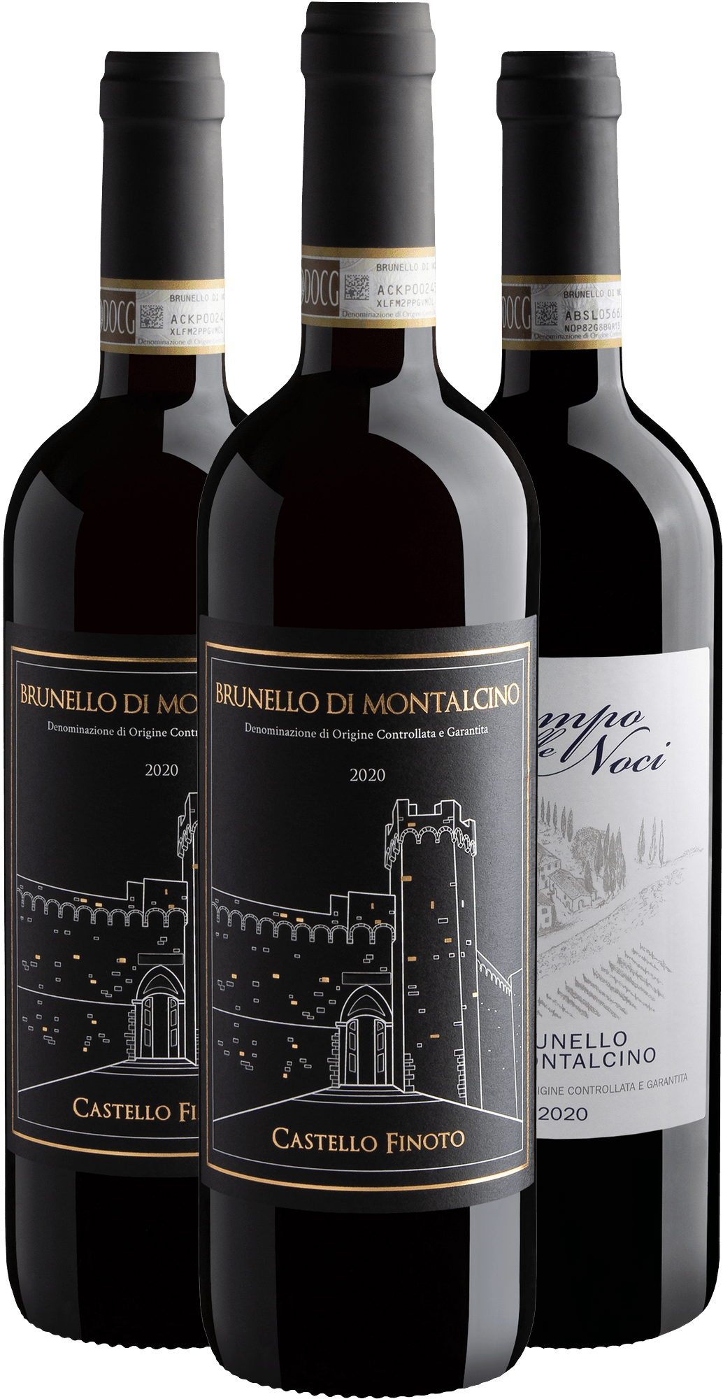 Kit Brunellos di Montalcino por R$344,90 cada garrafa | 2 Castello Finoto + 1  Campo Alle Noci