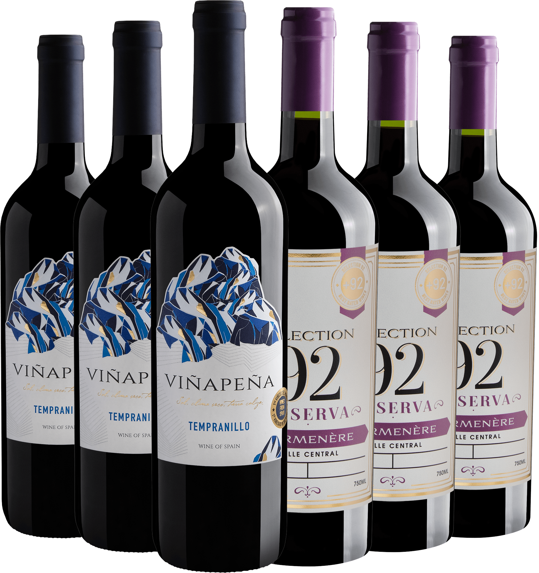 Kit 3 Viñapeña Tempranillo  + 3 Selection 92 Reserva Carménère por R$26,90 cada garrafa