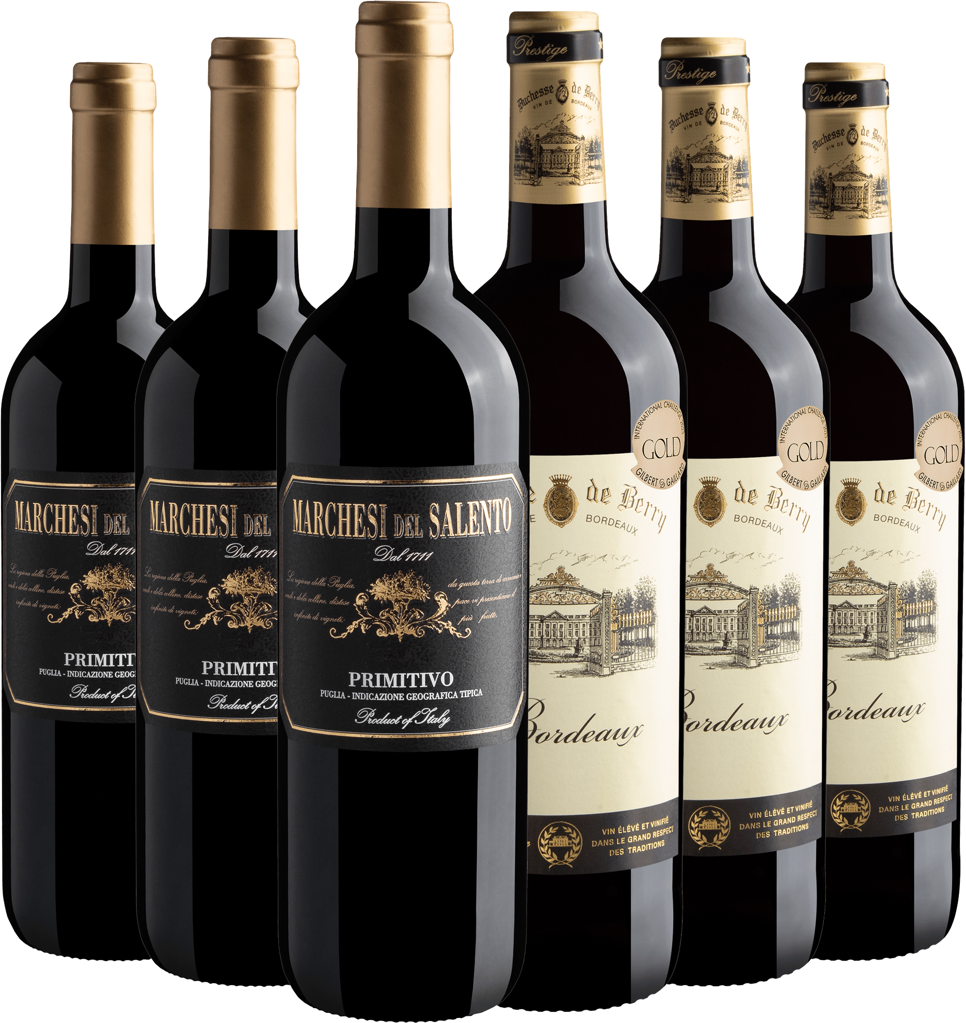 Kit 3 Marchesi del Salento Primitivo + 3 Duchesse de Berry Bordeaux por R$44,90 cada garrafa*