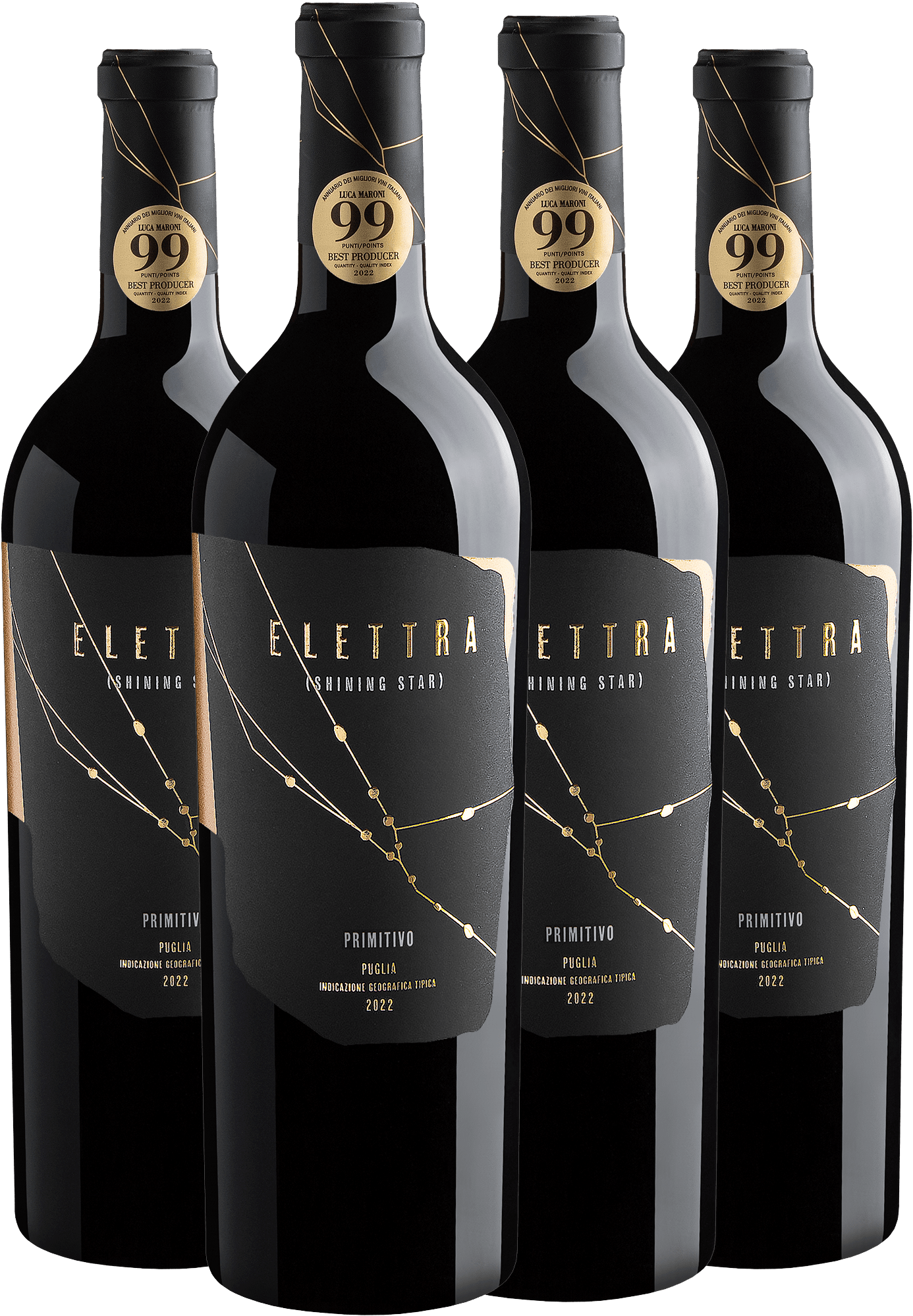 Kit 4 Elettra (Shining Star) Primitivo Puglia IGT por R$299,90 cada garrafa 