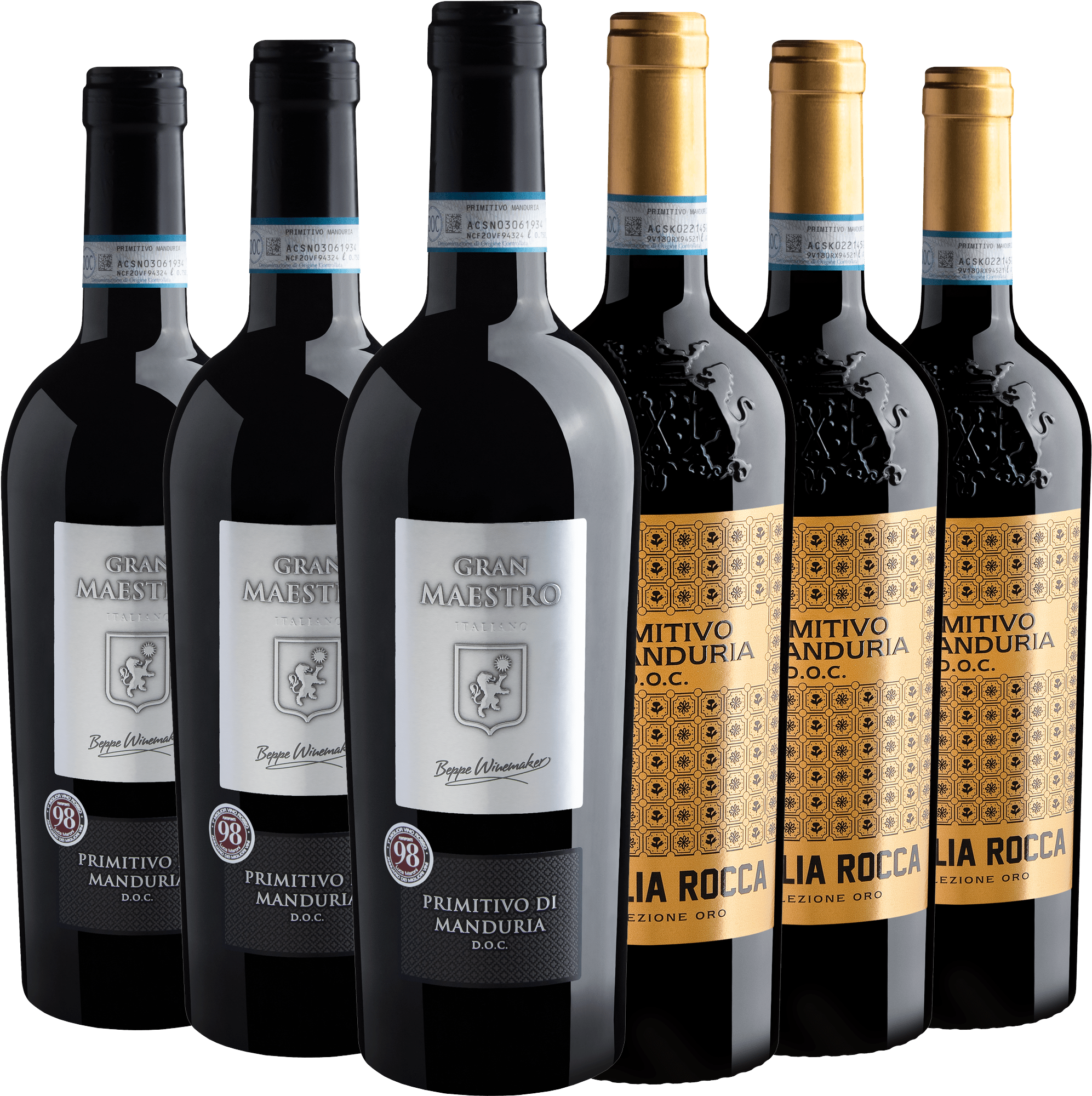 Kit Primitivo di Manduria 94+ Pontos | 3 Gran Maestro + 3 Famiglia Rocca