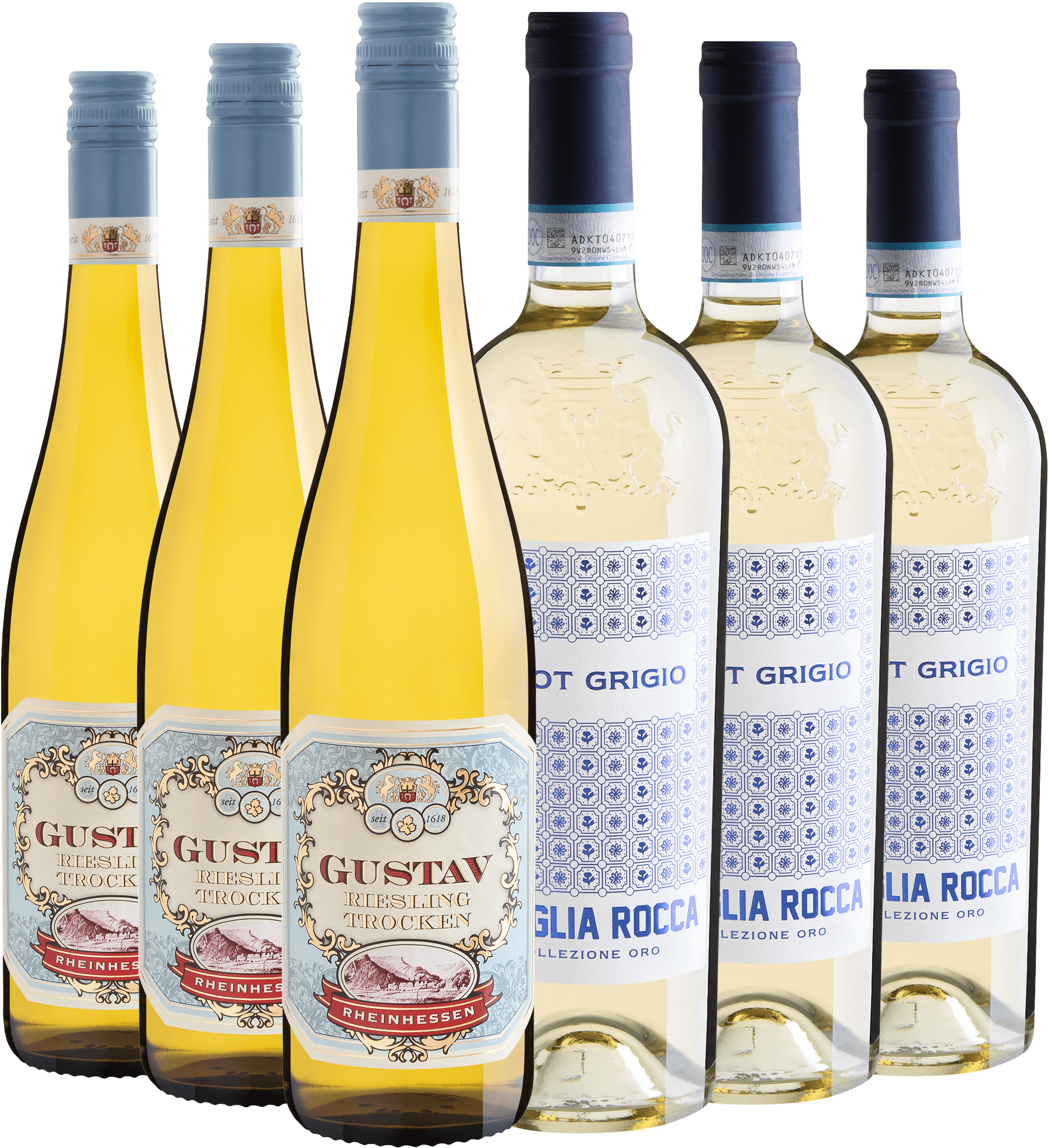 Kit 3 Gustav Riesling + 3 Famiglia Rocca Collezione Oro Pinot Grigio