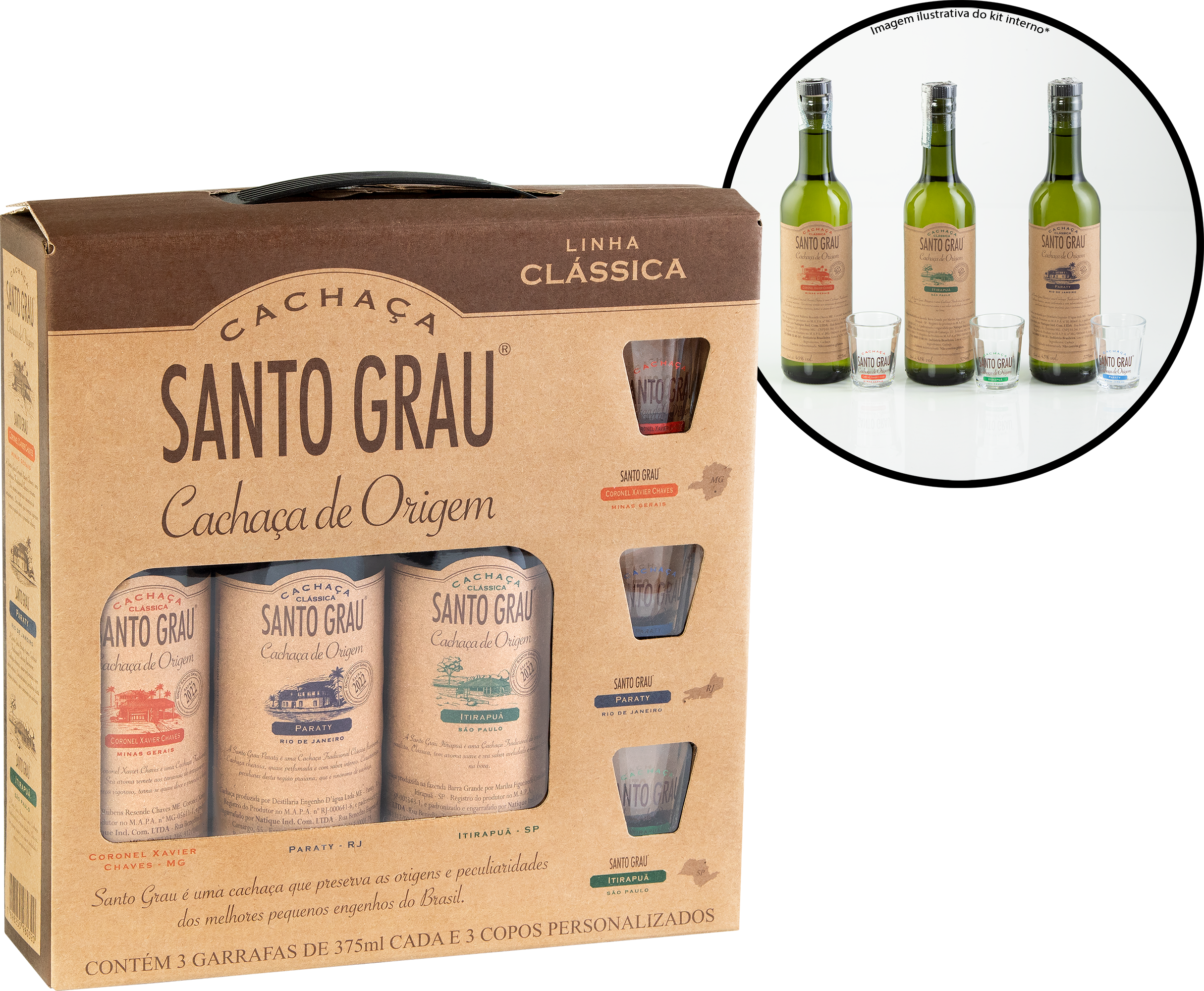 Kit 3 Cachaças Santo Grau - 375mL cada + 3 Copos de Vidro Personalizados