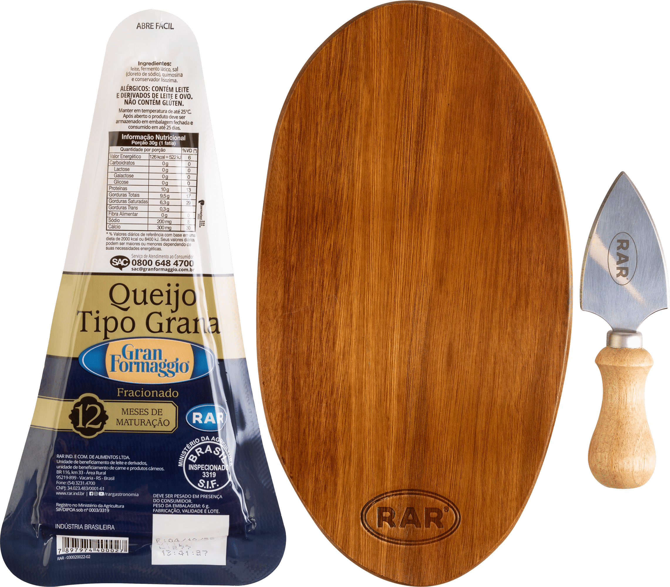 Kit 1 Queijo Tipo Grana Gran Formaggio Fracionado RAR 200g + 1 Espátula + 1 Tábua 2